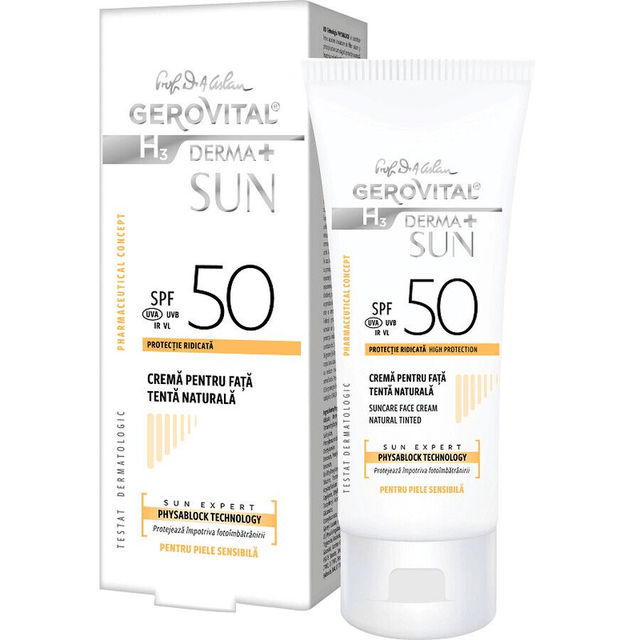 Gerovital H3 Derma+ Sun - Getinte natuurlijke zonnebrandcrème voor het gezicht - SPF 50